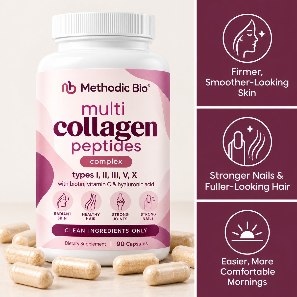 Methodic Bio Multi Collagen Peptides Complex bottle with capsules: firmer skin, stronger nails and hair, easier mornings