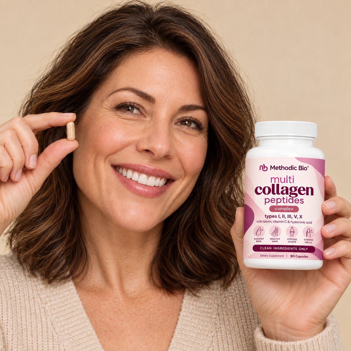 Woman holding a Multi Collagen capsule and a Methodic Bio bottle