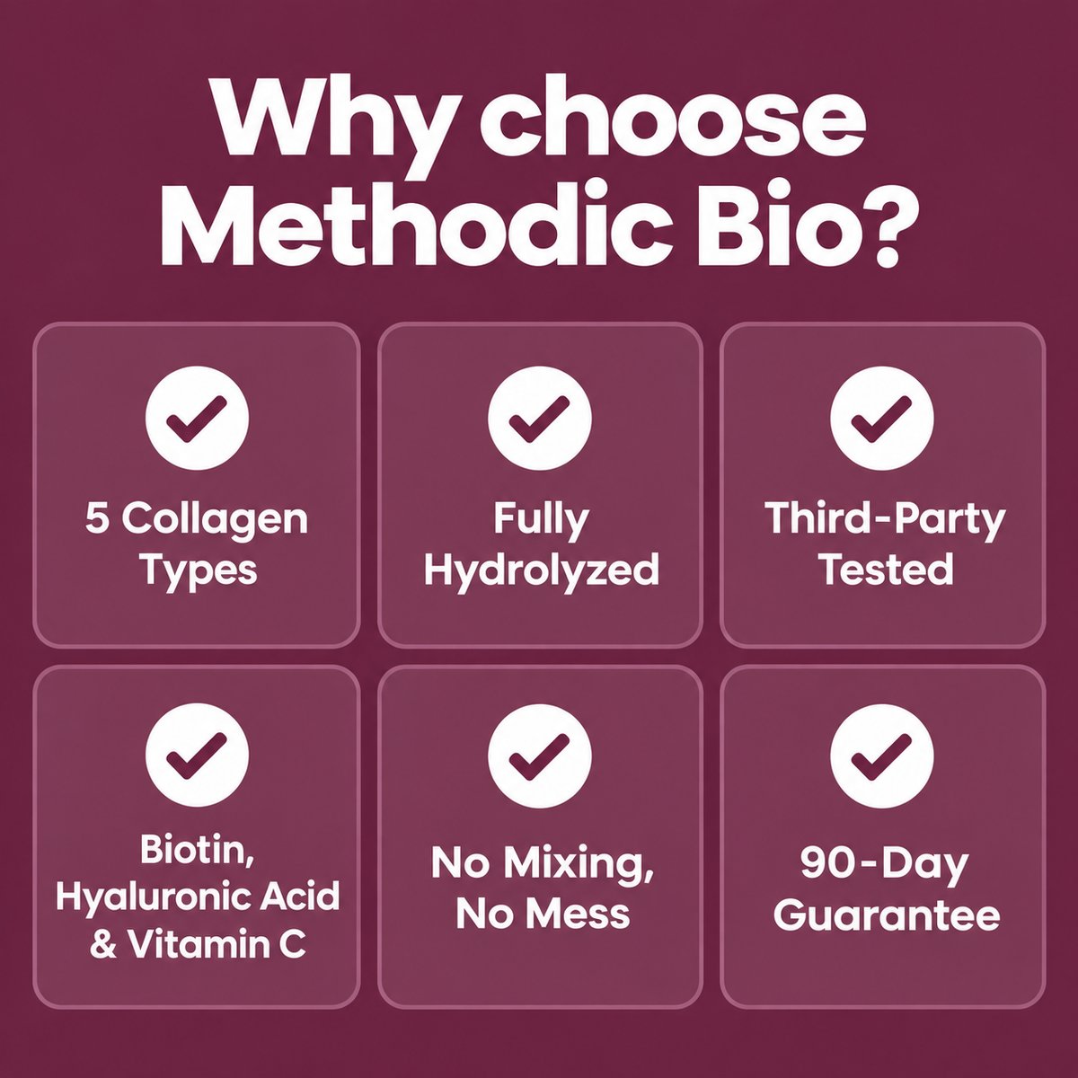 Why choose Methodic Bio: 5 collagen types, fully hydrolyzed, third-party tested, 90-day guarantee
