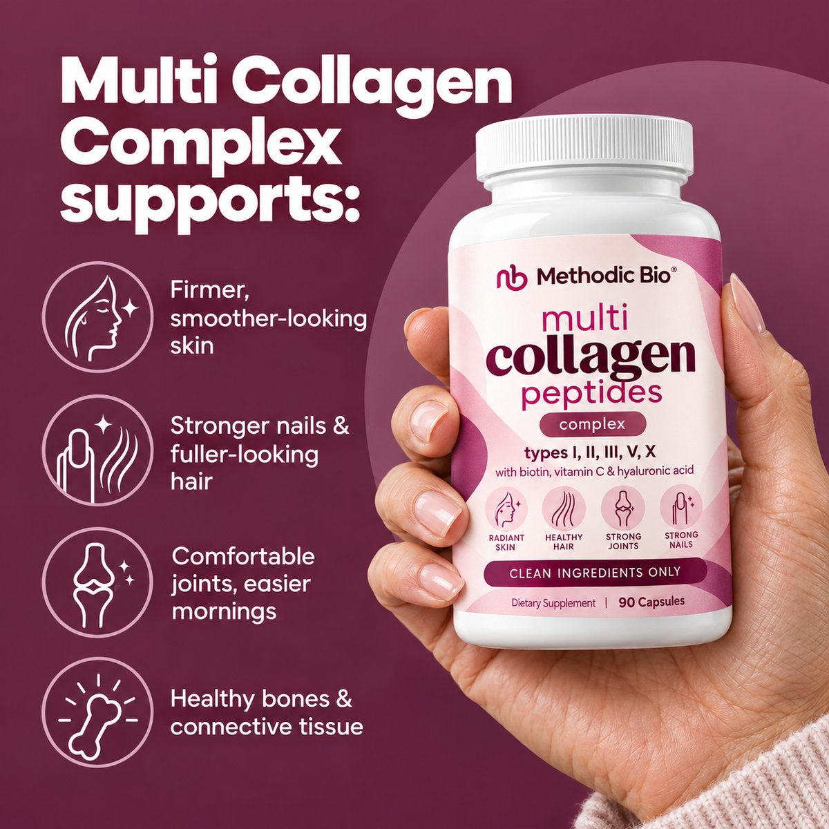Multi Collagen Complex supports firmer skin, stronger nails, comfortable joints and healthy bones