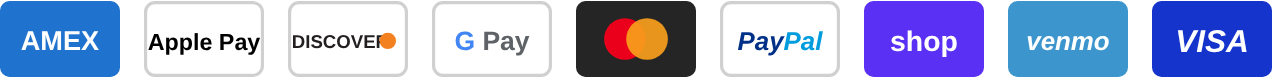 Accepted payment methods: American Express, Apple Pay, Discover, Google Pay, Mastercard, PayPal, Shop Pay, Venmo and Visa